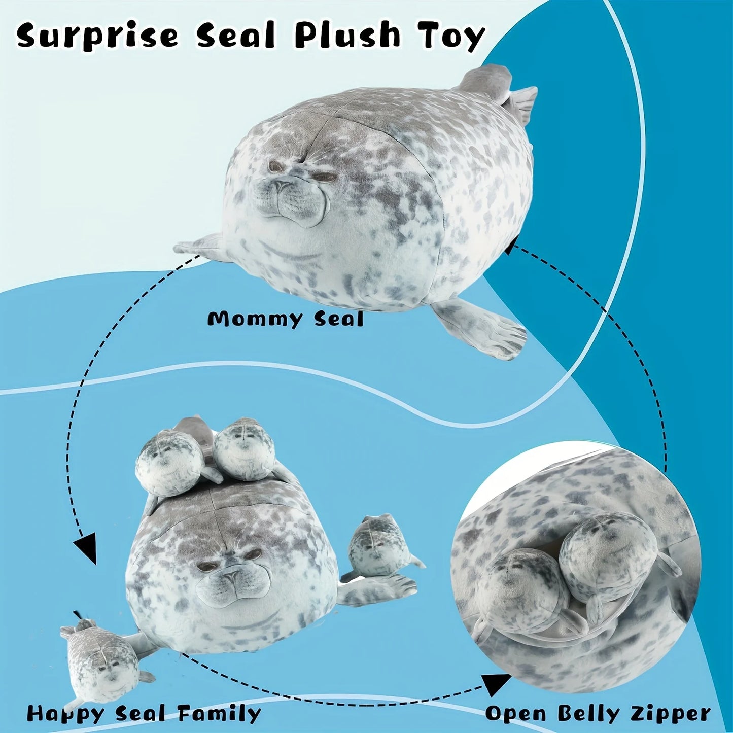 40cm Plush Blob Mother Seal Pillow with 4 little plush seals